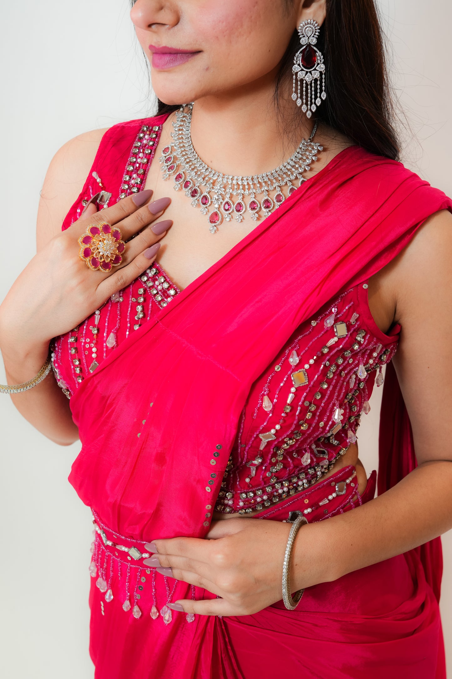 Hot pink drape saree
