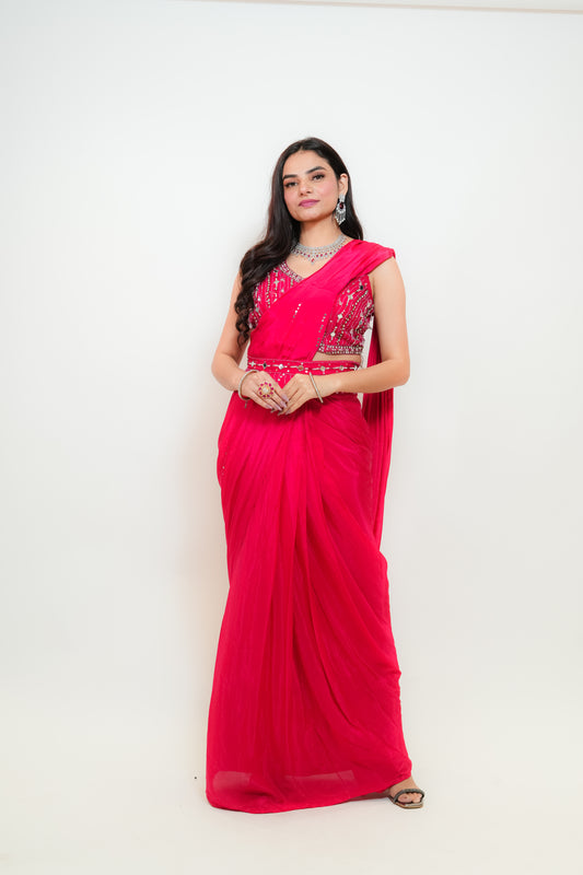 Hot pink drape saree