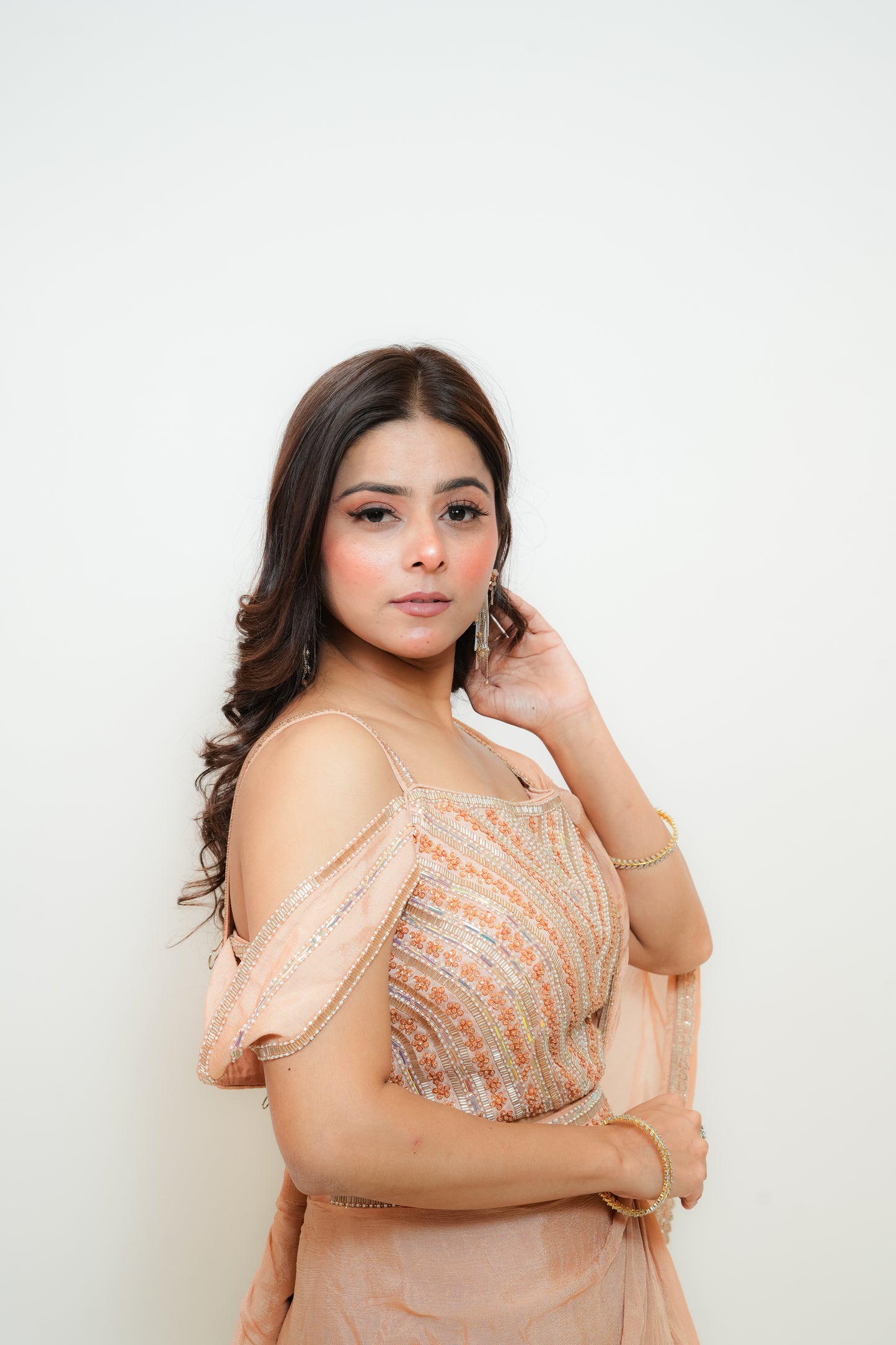 Blush apricot drape saree