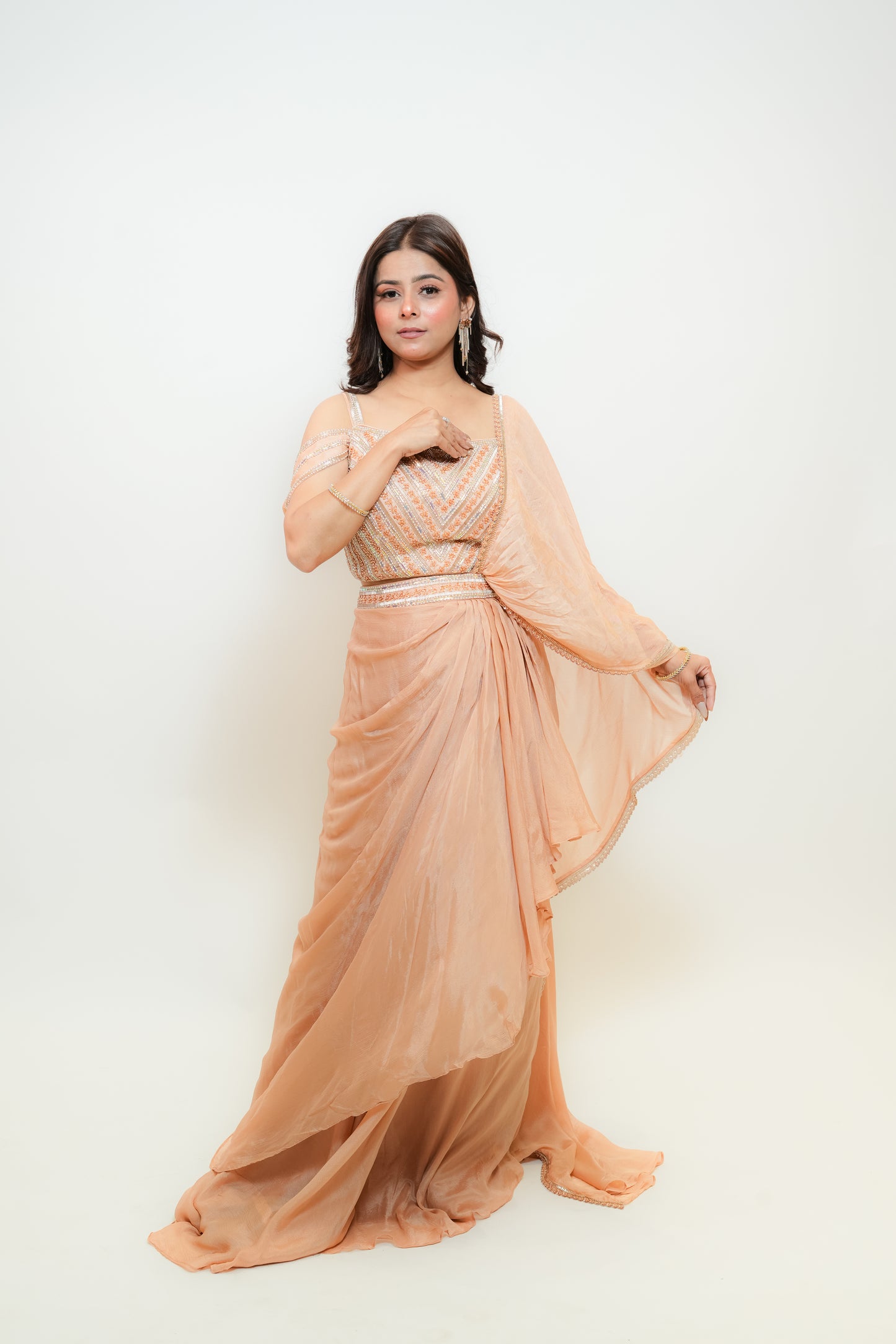 Blush apricot drape saree