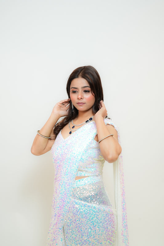 snow glow drape saree