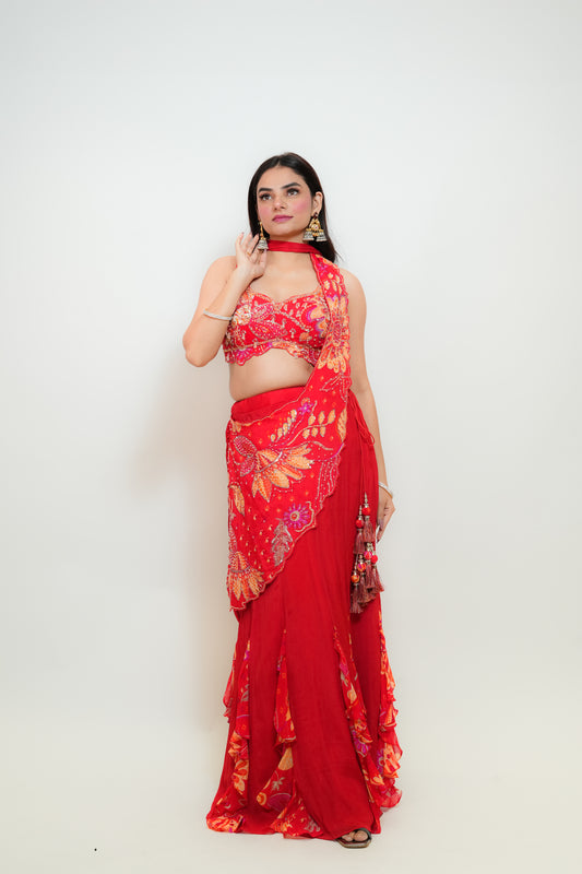 Red glam drape saree
