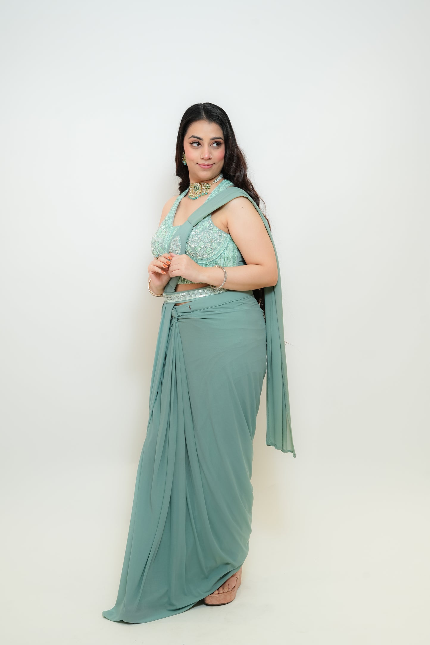 Frozen mint drape saree