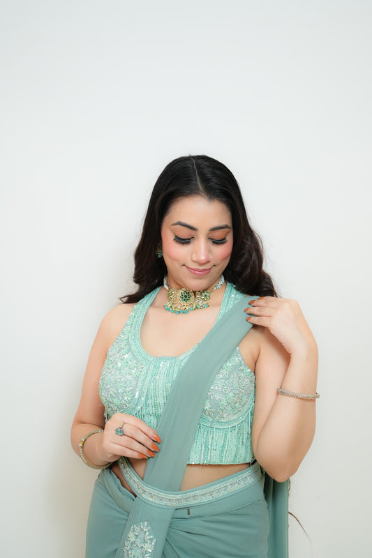 Frozen mint drape saree