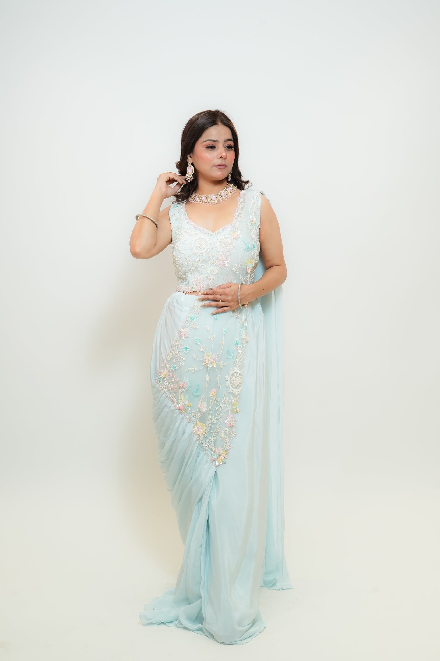 Pastel blue drape saree