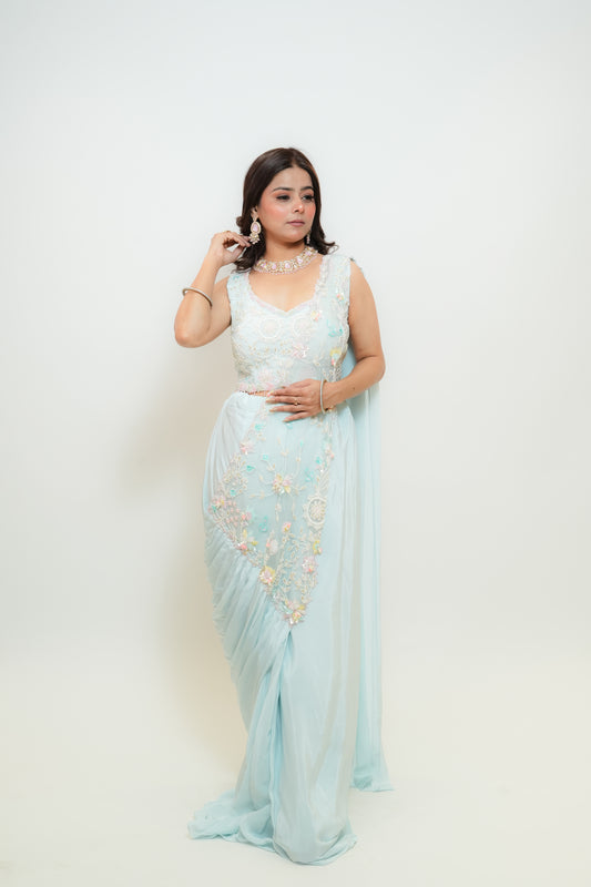Pastel blue drape saree