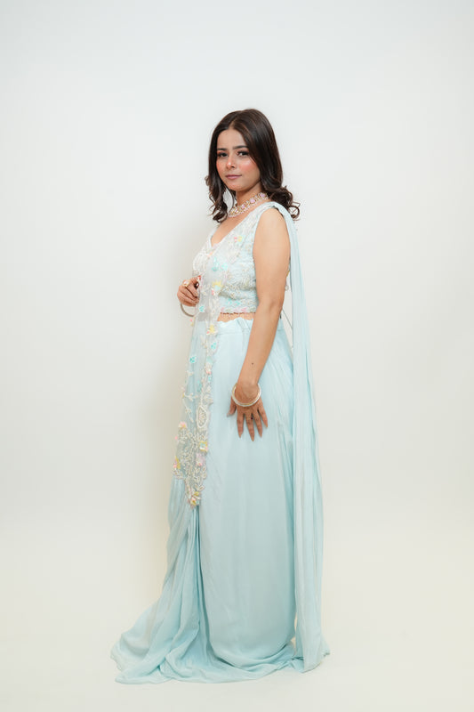 Pastel blue drape saree