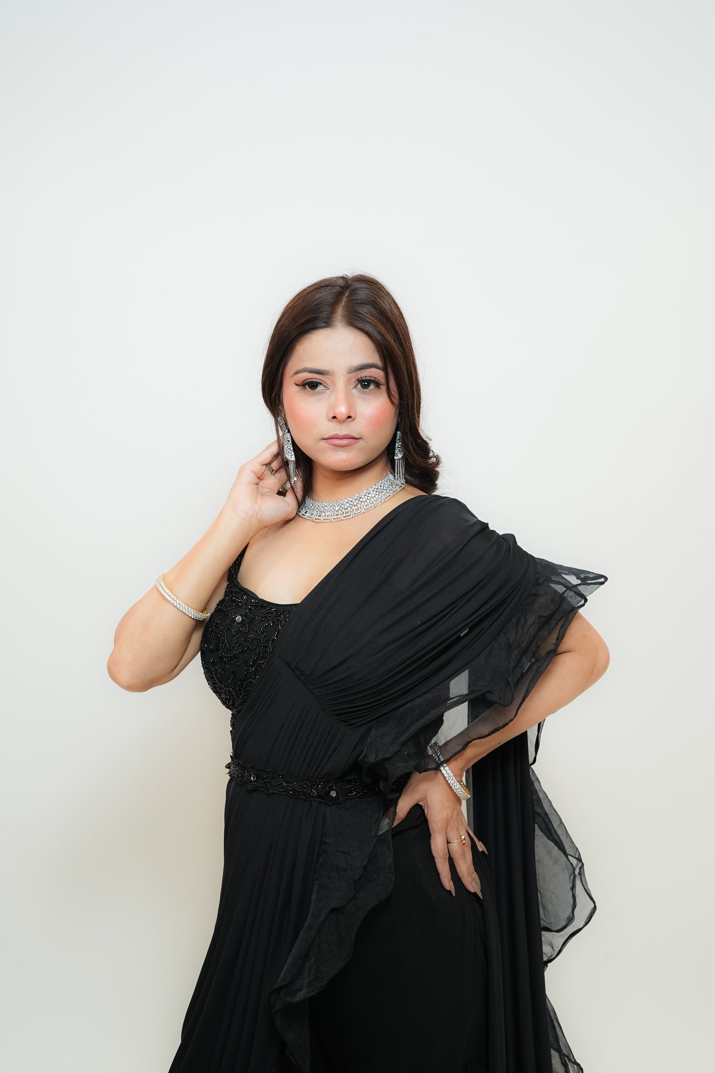 Black ruffle drape saree