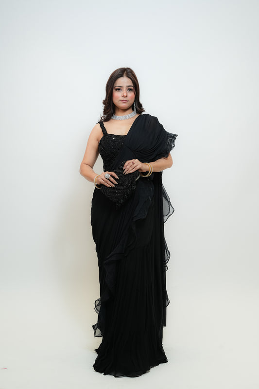 Black ruffle drape saree