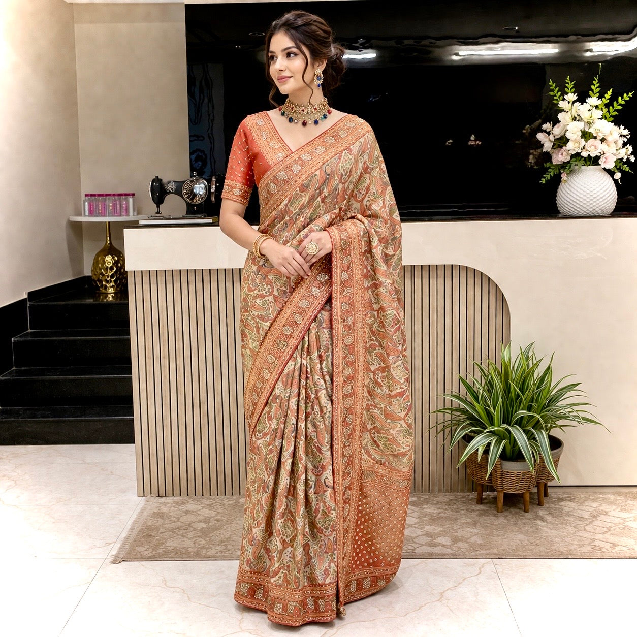 Graceful Modal Crape Saree with Position Print & Handwork