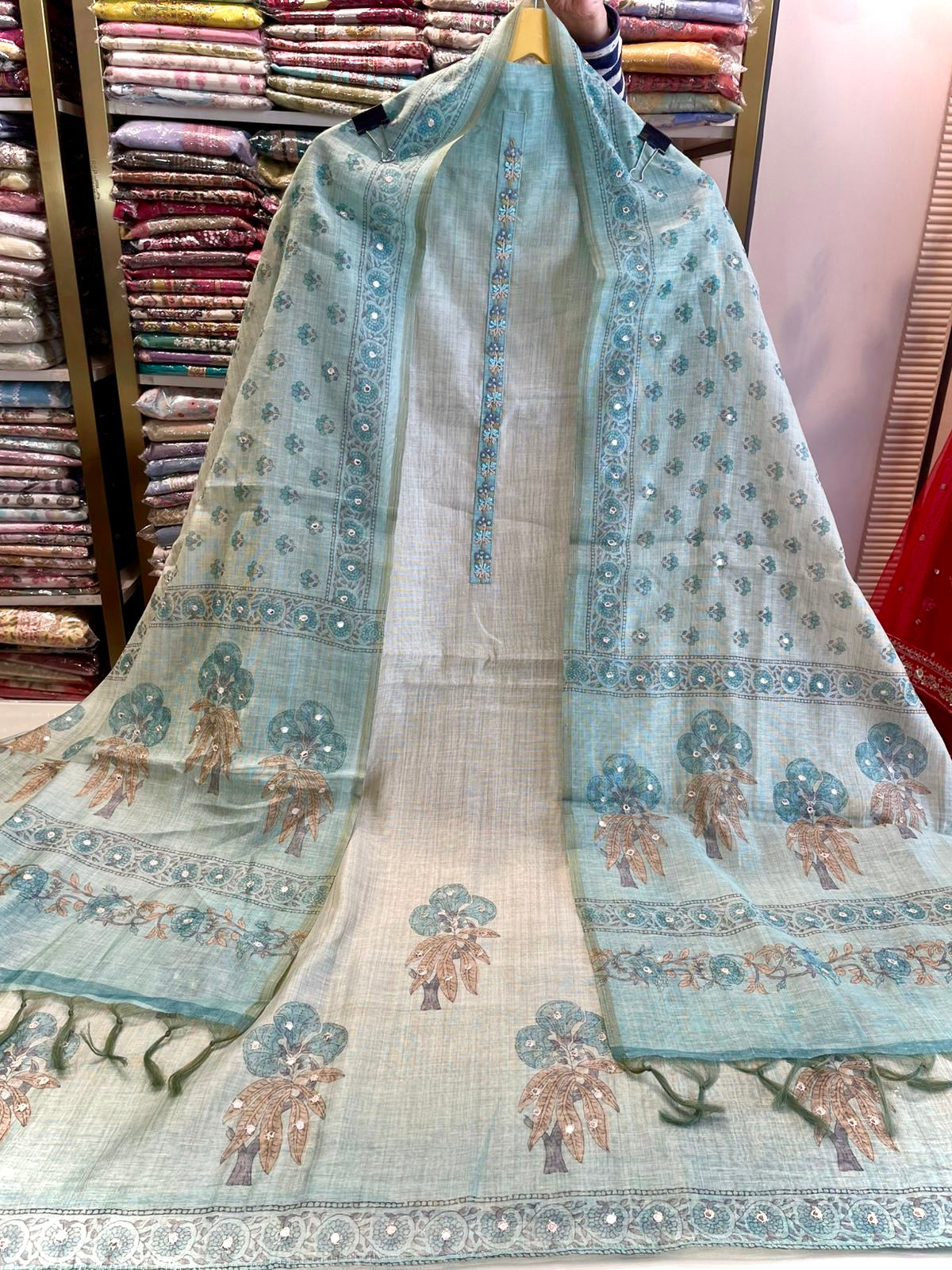 Elegant Linen Cotton Unstitched Suit with Double Shade Knot Work Dupatta