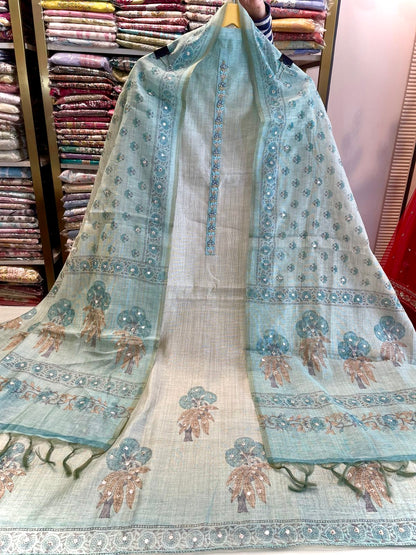 Elegant Linen Cotton Unstitched Suit with Double Shade Knot Work Dupatta