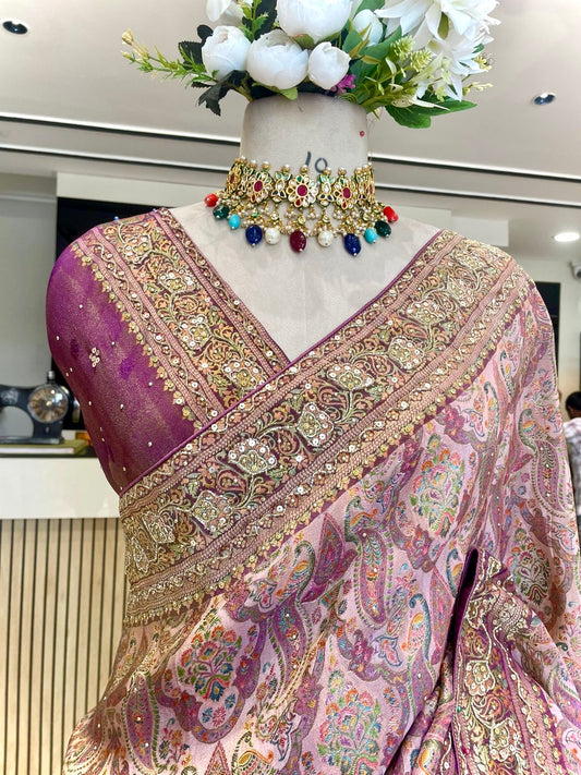 Graceful Modal Crape Saree with Position Print & Handwork