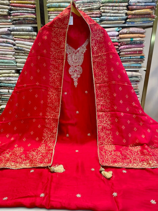 Premium Dola Silk suit with V-Net Dabka work and designer dupatta
• Elegant unstitched festive wear with Upara Silk bottom for women
• Designer Dola Silk dress material perfect for weddings and party wear
• Luxury ethnic suit with heavy Dabka work and stylish dupatta
• Party wear Dola Silk suit with rich festive and traditional look