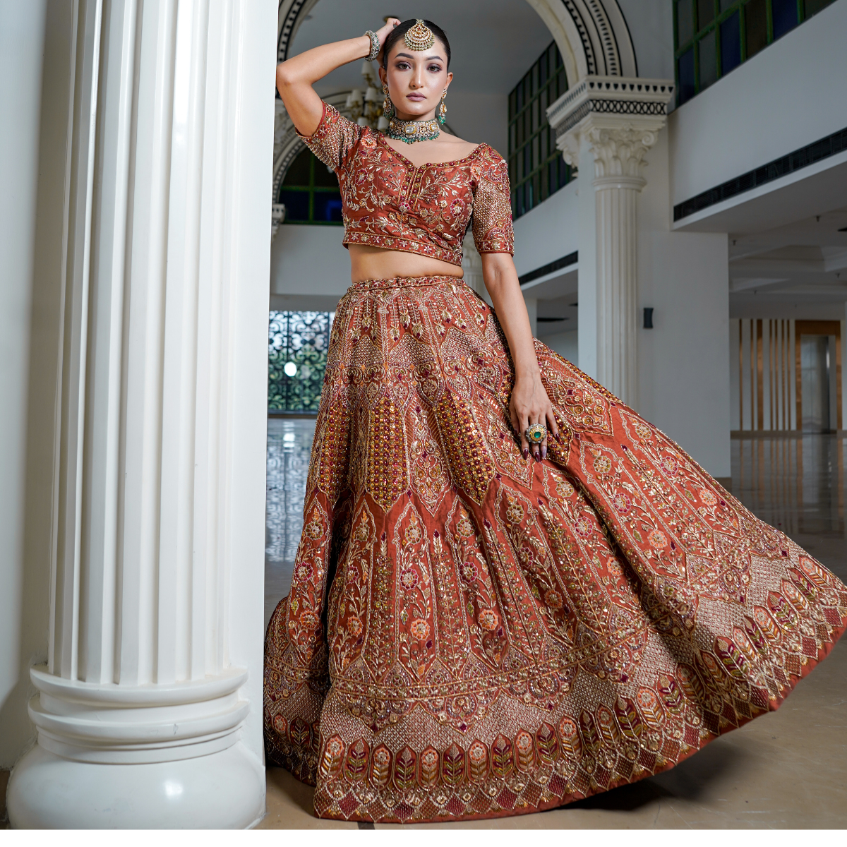 Rust Raw Silk Lehenga with Intricate Hand Embroidery