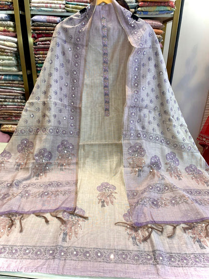 Elegant Linen Cotton Unstitched Suit with Double Shade Knot Work Dupatta
