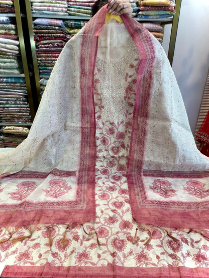 Linen Tissue Unstitched Suit with Knot Work & Printed Dupatta