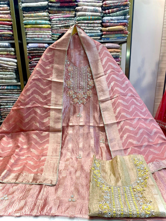 crush tissue suit set
handwork highlighted suit
designer festive wear suit
khaddi dupatta suit
upara silk bottom suit
wedding wear suit
ladies ethnic wear
party wear suit
traditional unstitched suit
premium dress material