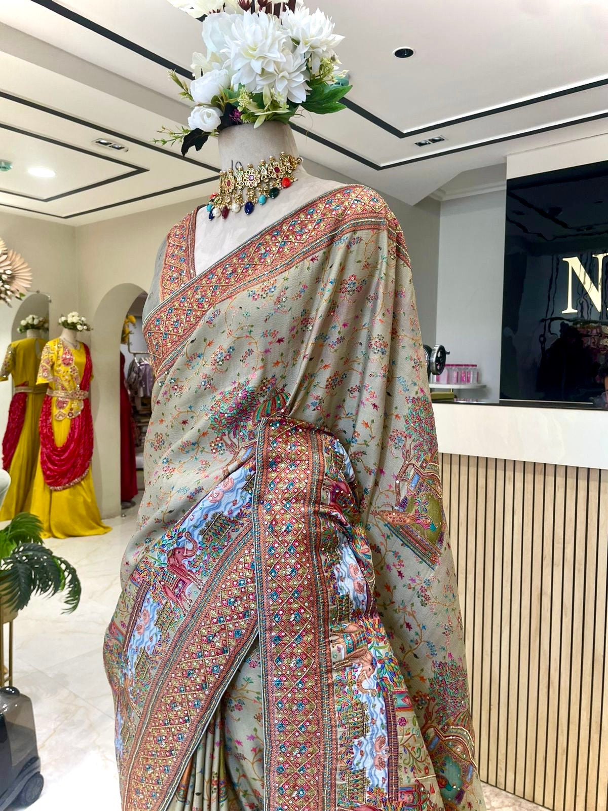 Elegant Pista Green Kashmiri Kanni Work Saree with Katdana Work