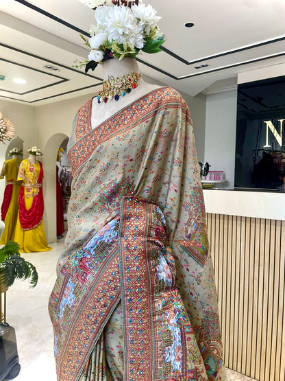 Elegant Pista Green Kashmiri Kanni Work Saree with Katdana Work