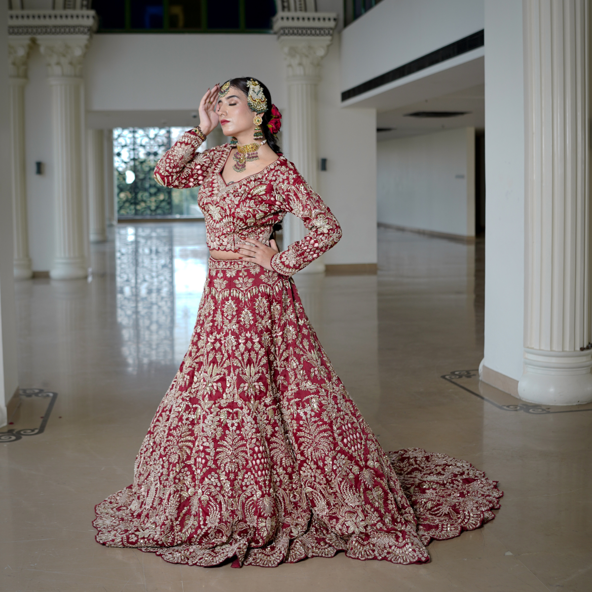 Red Majestic Trail Lehenga with Intricate Hand Embroidery