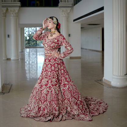 Red Majestic Trail Lehenga with Intricate Hand Embroidery