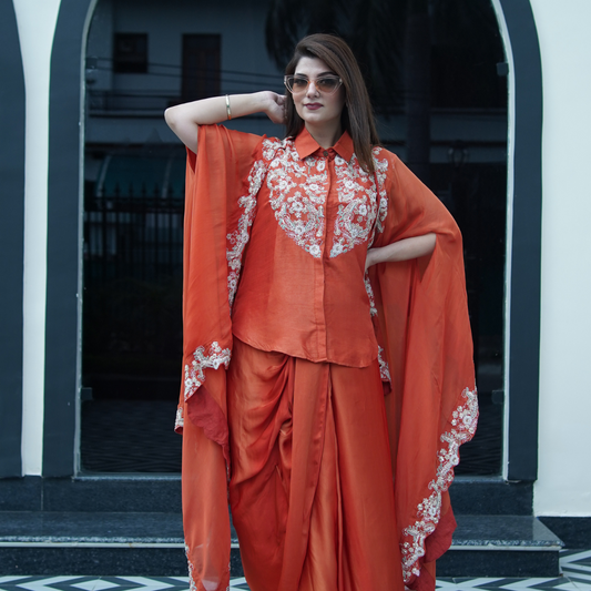 Rust Cape Indowestern Set
