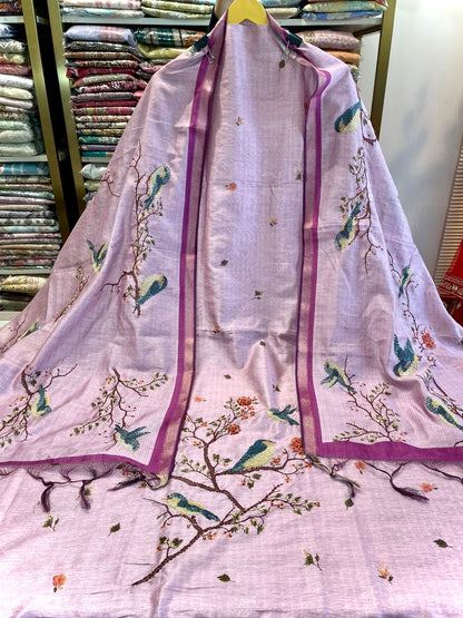 Chanderi Unstitched Suit with Bird & Floral Print