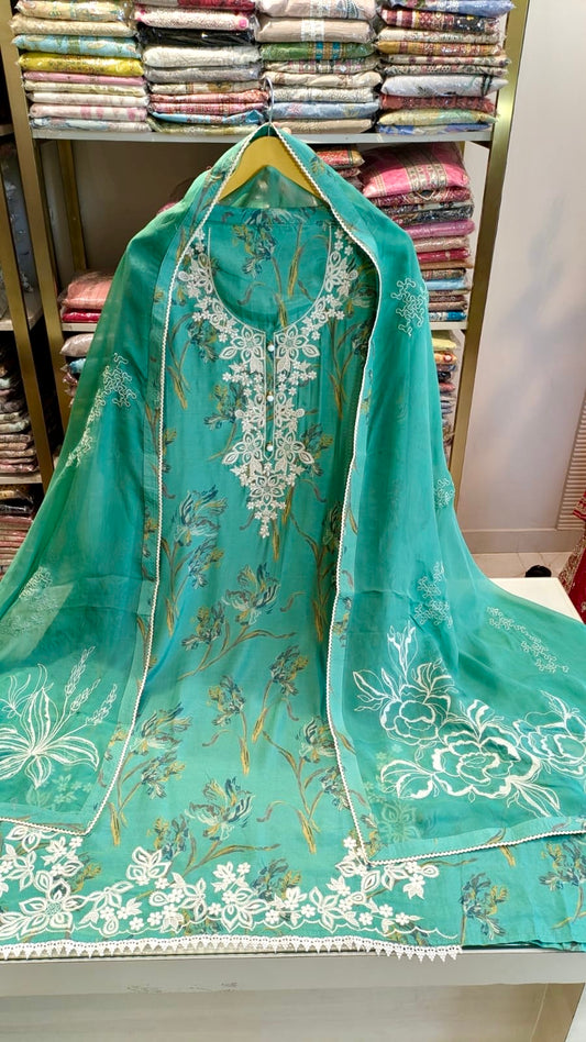 Green Muslin Cotton Unstitched Suit
Thread Work Designer Suit for Women
Organza Dupatta Unstitched Suit Set
Party Wear Muslin Cotton Suit
Premium Green Ethnic Suit Collection