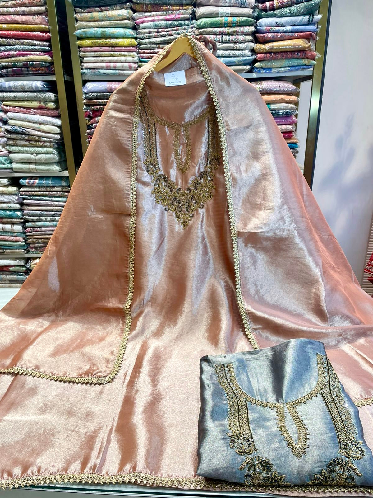 Premium Tissue Suit with V-Neck Dabka Work