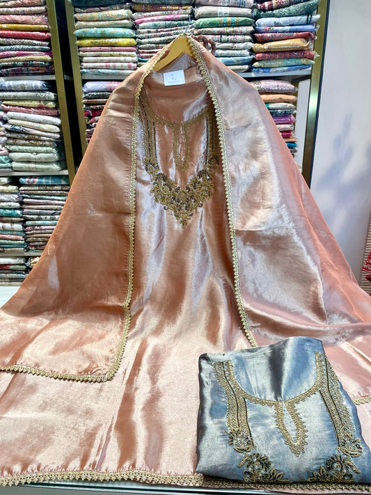 Premium Tissue Suit with V-Neck Dabka Work