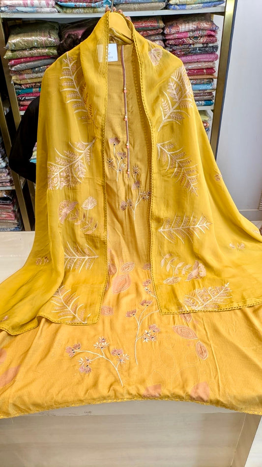Mustard Muslin Cotton Unstitched Suit
Resham Work Designer Suit for Women
Organza Dupatta Muslin Suit Set
Party Wear Mustard Ethnic Suit
Premium Unstitched Muslin Cotton Suit