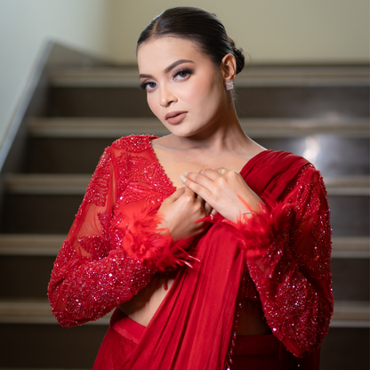 Red Drape Saree with Fur Details