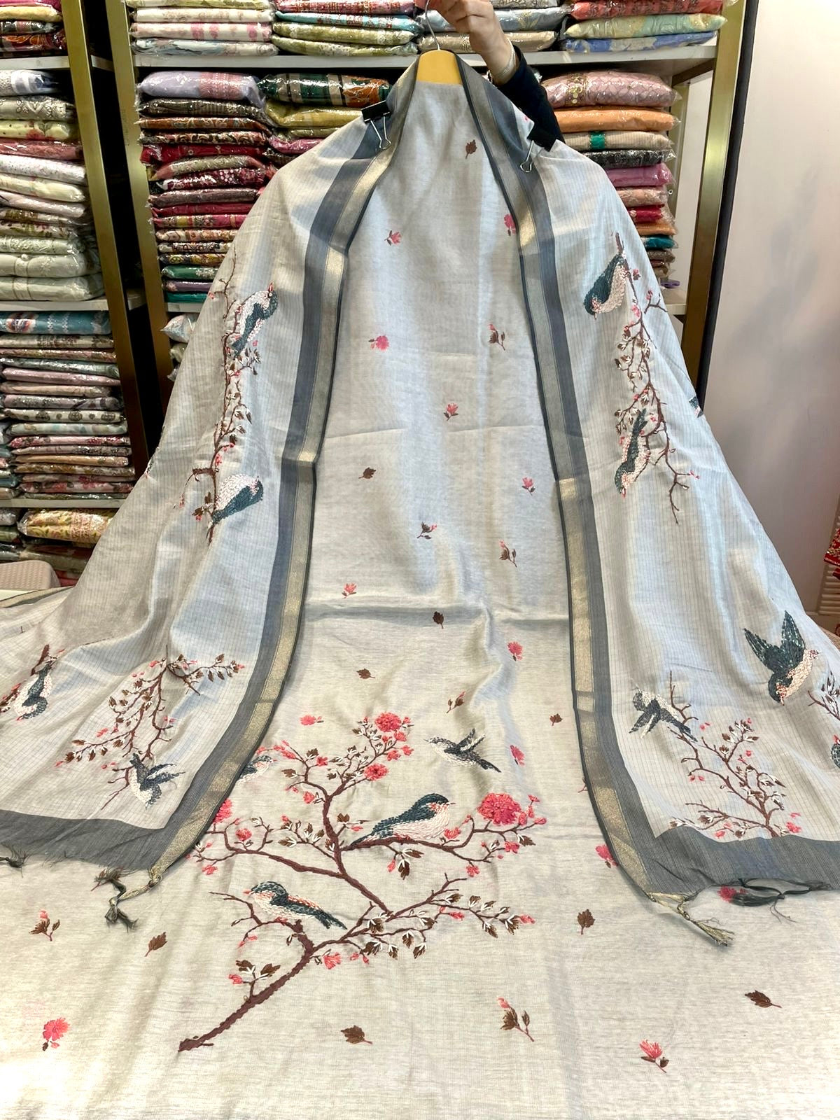 Chanderi Unstitched Suit with Bird & Floral Print