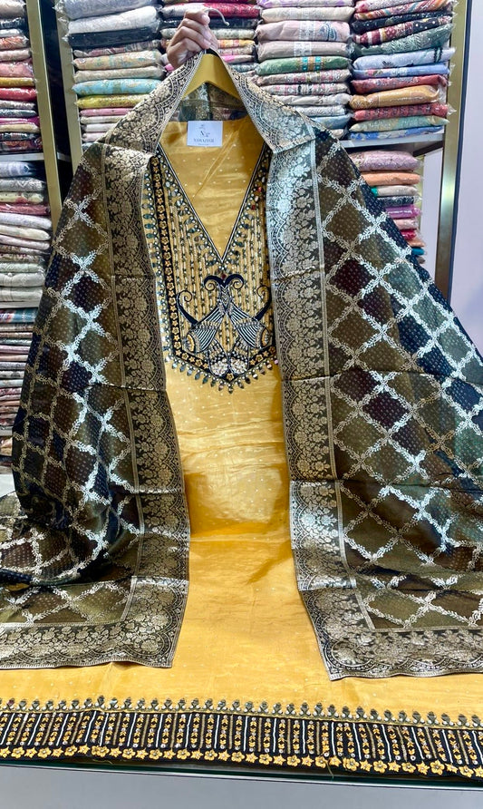 Tissue Unstitched Suit with Handwork & Banarasi Dupatta