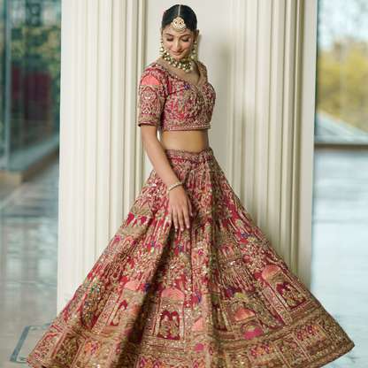 Rust Raw Silk Lehenga with Baraat Motifs