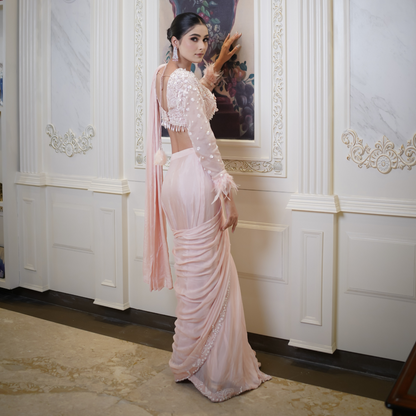 Peach Drape Saree with Fur Detailing