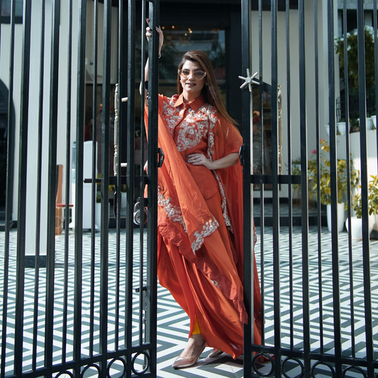 Rust Cape Indowestern Set