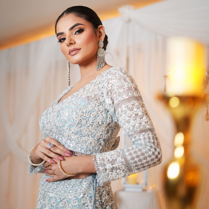 Hand-Embellished Powder Blue Lehenga with Pearl Embroidery