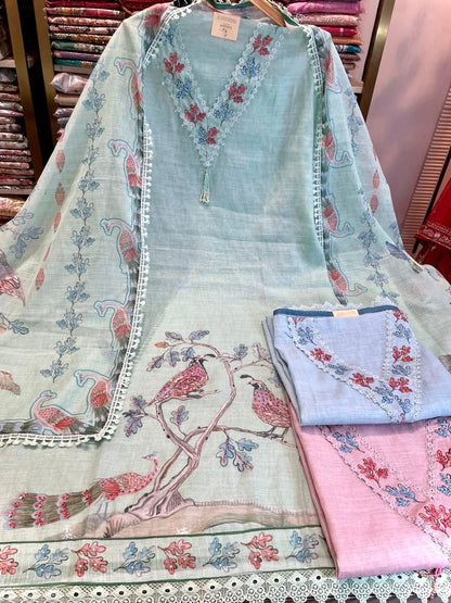Linen Suit with Bird Motif