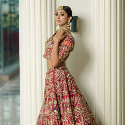 Rust Raw Silk Lehenga with Baraat Motifs