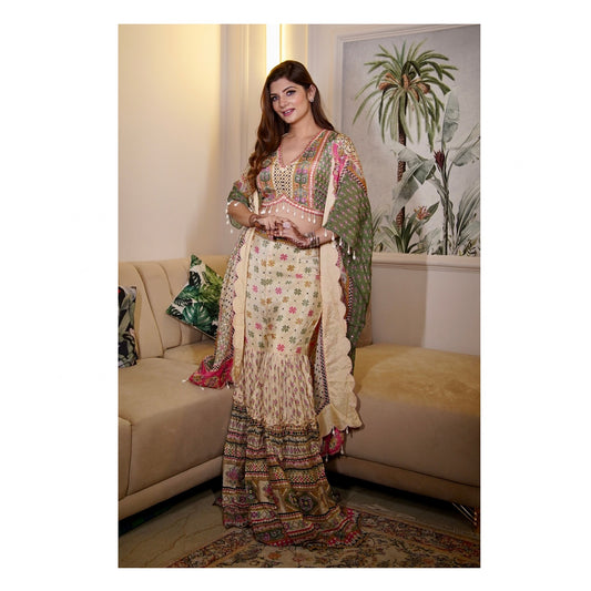 Off White Digital Printed Kaftaan with Garara