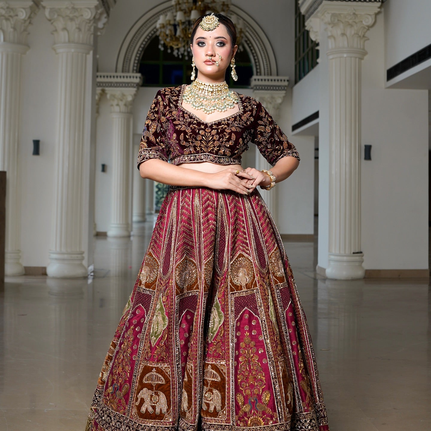 Maroon 3D Lehenga in Raw Silk & Tissue Blend