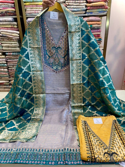 Premium Tissue Silk Unstitched Suit with Handwork & Banarasi Dupatta
Designer Tissue Silk Suit Set in Rama Green & Yellow with Upara Silk Bottom
Elegant Tissue Silk Dress Material with Handwork and Banarasi Dupatta
Luxury Unstitched Tissue Silk Suit for Weddings and Festive Occasions
Festive Wear Tissue Silk Suit with Banarasi Dupatta and Handwork Design