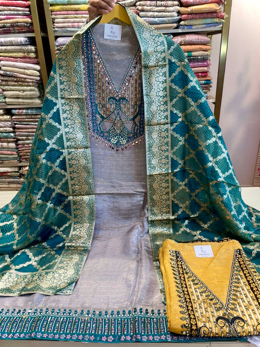 Premium Tissue Silk Unstitched Suit with Handwork & Banarasi Dupatta
Designer Tissue Silk Suit Set in Rama Green & Yellow with Upara Silk Bottom
Elegant Tissue Silk Dress Material with Handwork and Banarasi Dupatta
Luxury Unstitched Tissue Silk Suit for Weddings and Festive Occasions
Festive Wear Tissue Silk Suit with Banarasi Dupatta and Handwork Design