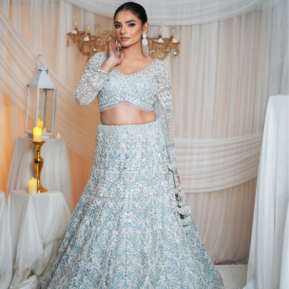 Hand-Embellished Powder Blue Lehenga with Pearl Embroidery