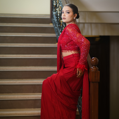 Red Drape Saree with Fur Details