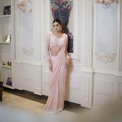 Peach Drape Saree with Fur Detailing