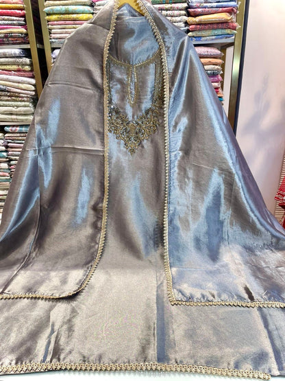 Premium Tissue Suit with V-Neck Dabka Work