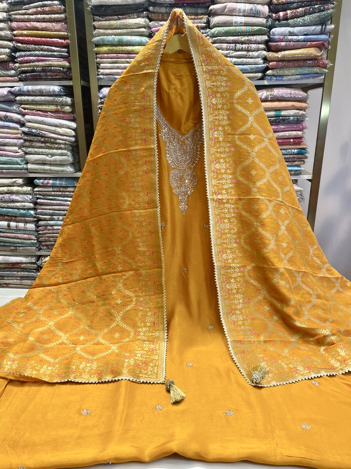 Premium Dola Silk Suit with V-Net Dabka Work & Designer Dupatta